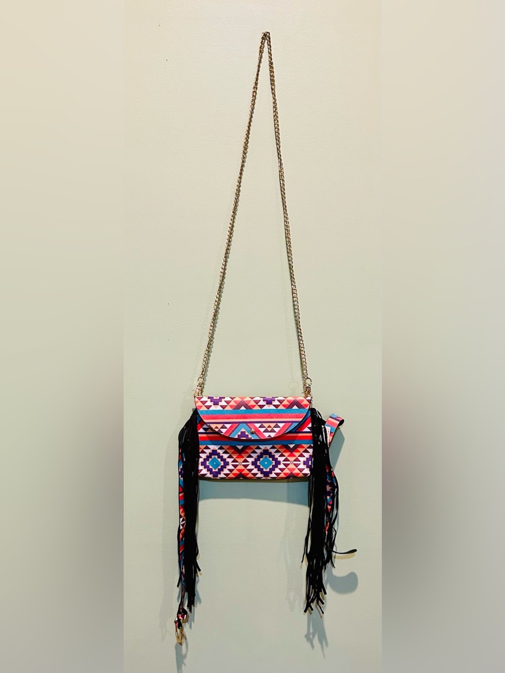 Colorful Aztec Fringe Crossbody Bag with belt capability- Multicolor